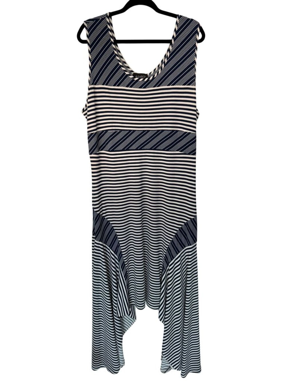 NWT Ashro Women’s XL Navy White Mixed Stripe Handkerchief Hem Dress